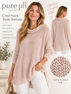 Pure Jill J.Jill Large Blush Pink Cotton Blend Cowl Neck Tunic Sweater